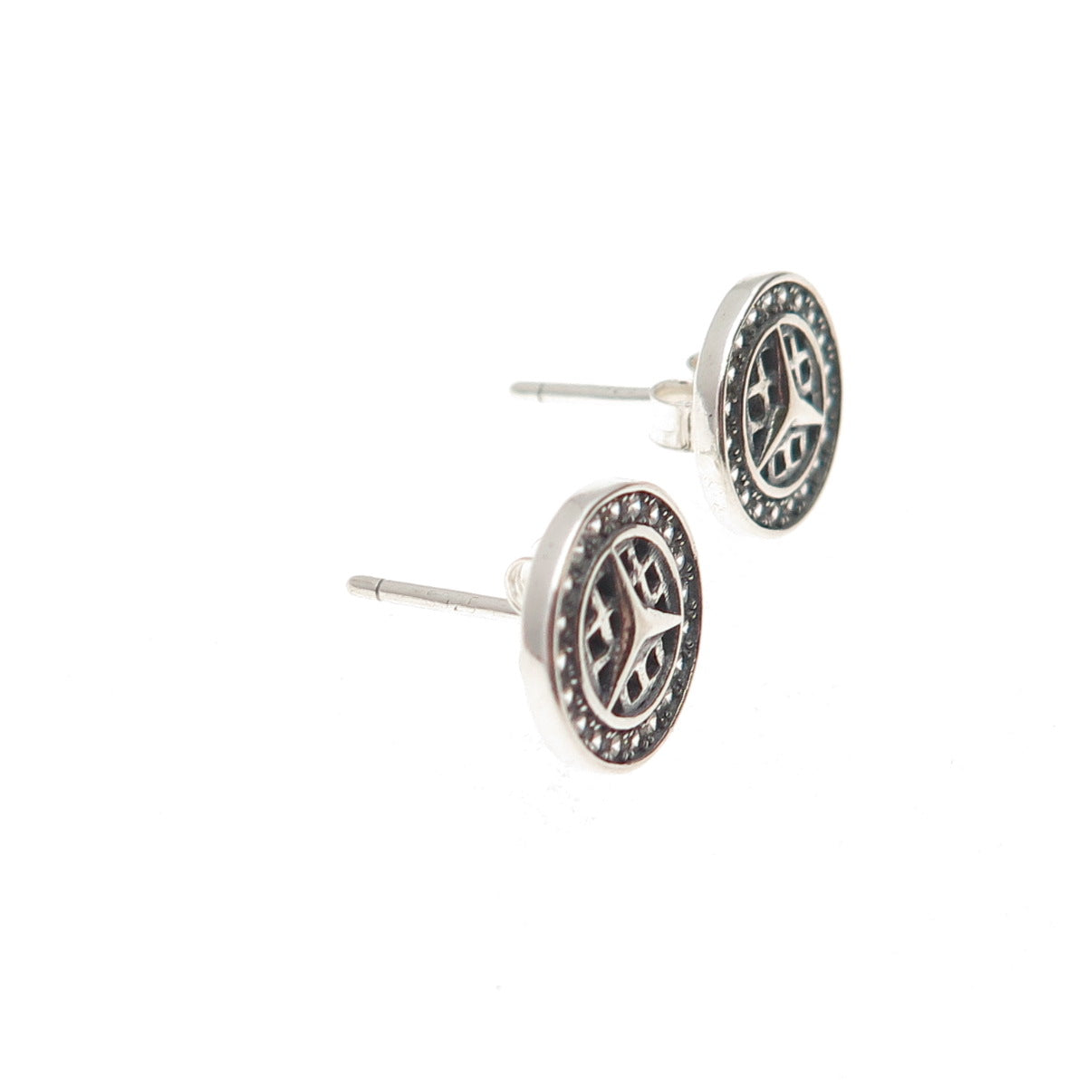 925 Sterling Silver Round-Cut C Z Mercedes-Benz Stud Earrings