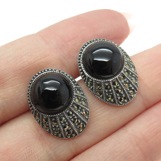 JUDITH JACK 925 Sterling Silver Vintage Black Onyx & Marcasite Gem Earrings