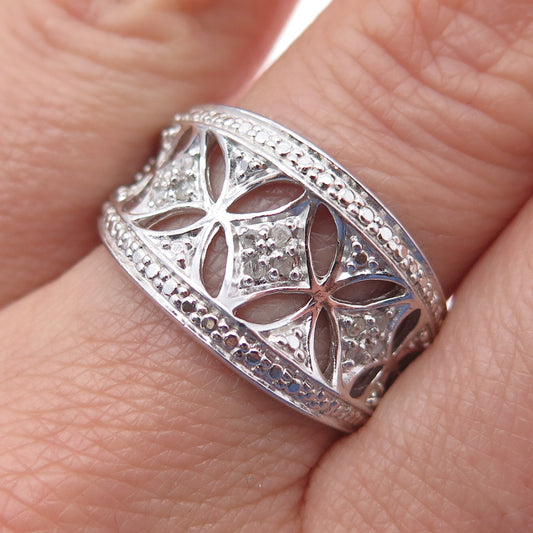 RJ GRAZIANO 925 Sterling Silver Real Round-Cut Diamond Flower Ring Size 10