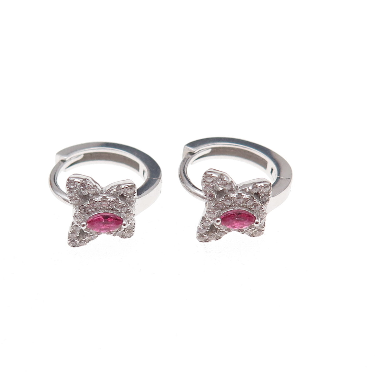 925 Sterling Silver Pink & White C Z Butterfly Hoop Earrings