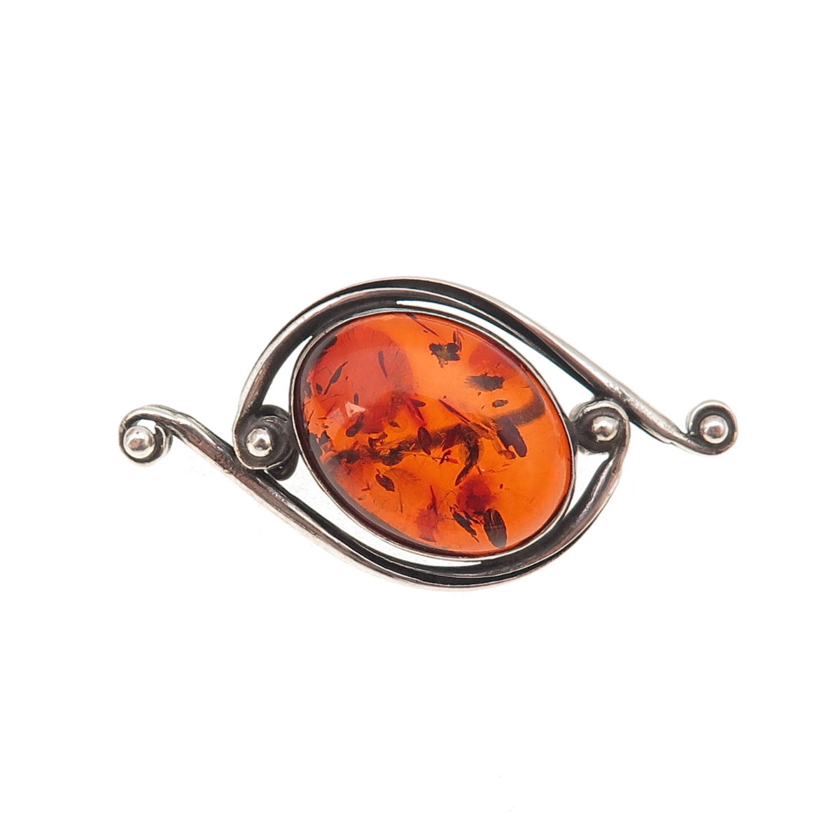 925 Sterling Silver Vintage Real Amber Modernist Oxidized Pin Brooch