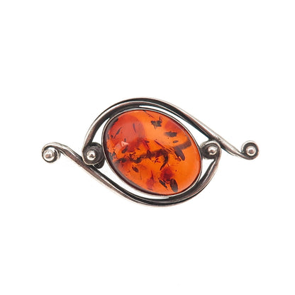 925 Sterling Silver Vintage Real Amber Modernist Oxidized Pin Brooch