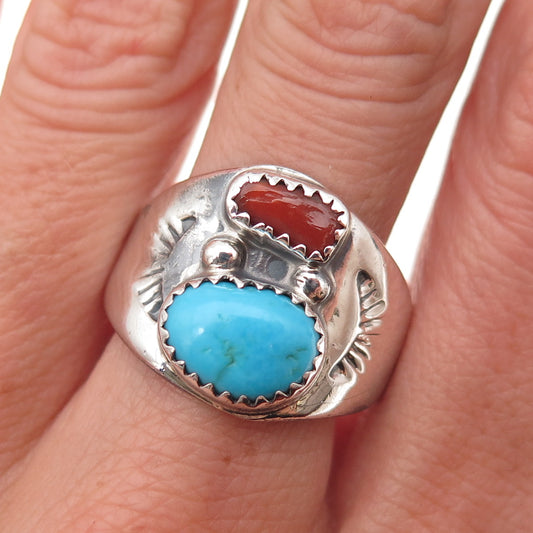 Old Pawn 925 Sterling Silver Vintage Southwestern Turquoise & Coral Ring Size 11