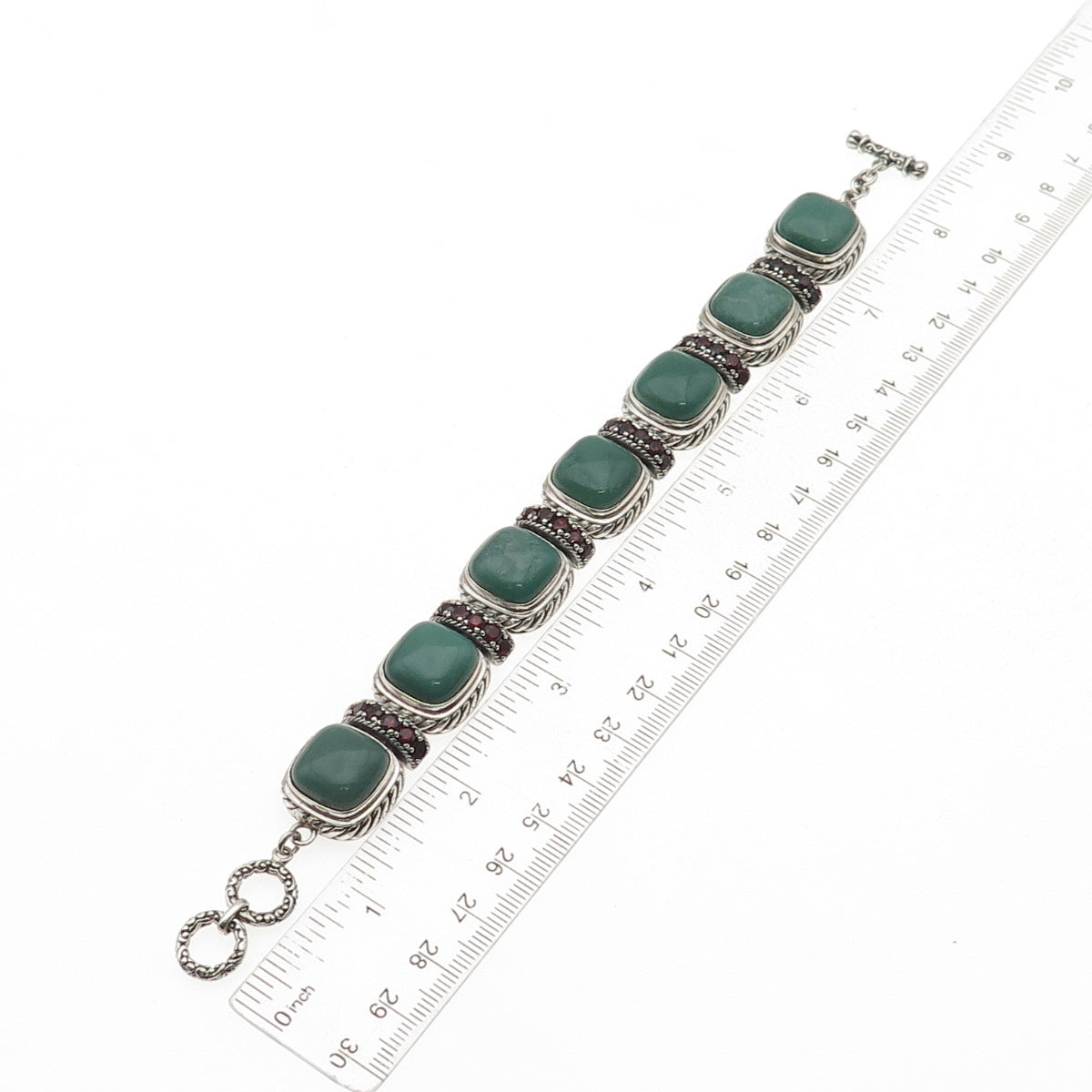 925 Sterling Silver Vintage Real Kingman Turquoise & Red Garnet Bracelet 7.5"