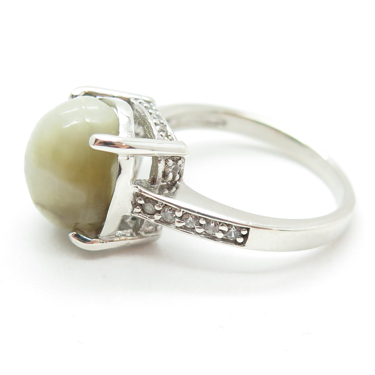 925 Sterling Silver Real Cabochon Prehnite & Round-Cut C Z Ring Size 9