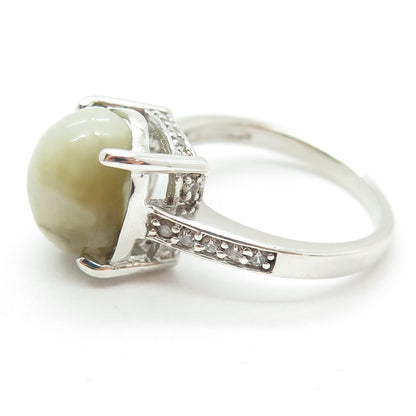 925 Sterling Silver Real Cabochon Prehnite & Round-Cut C Z Ring Size 9