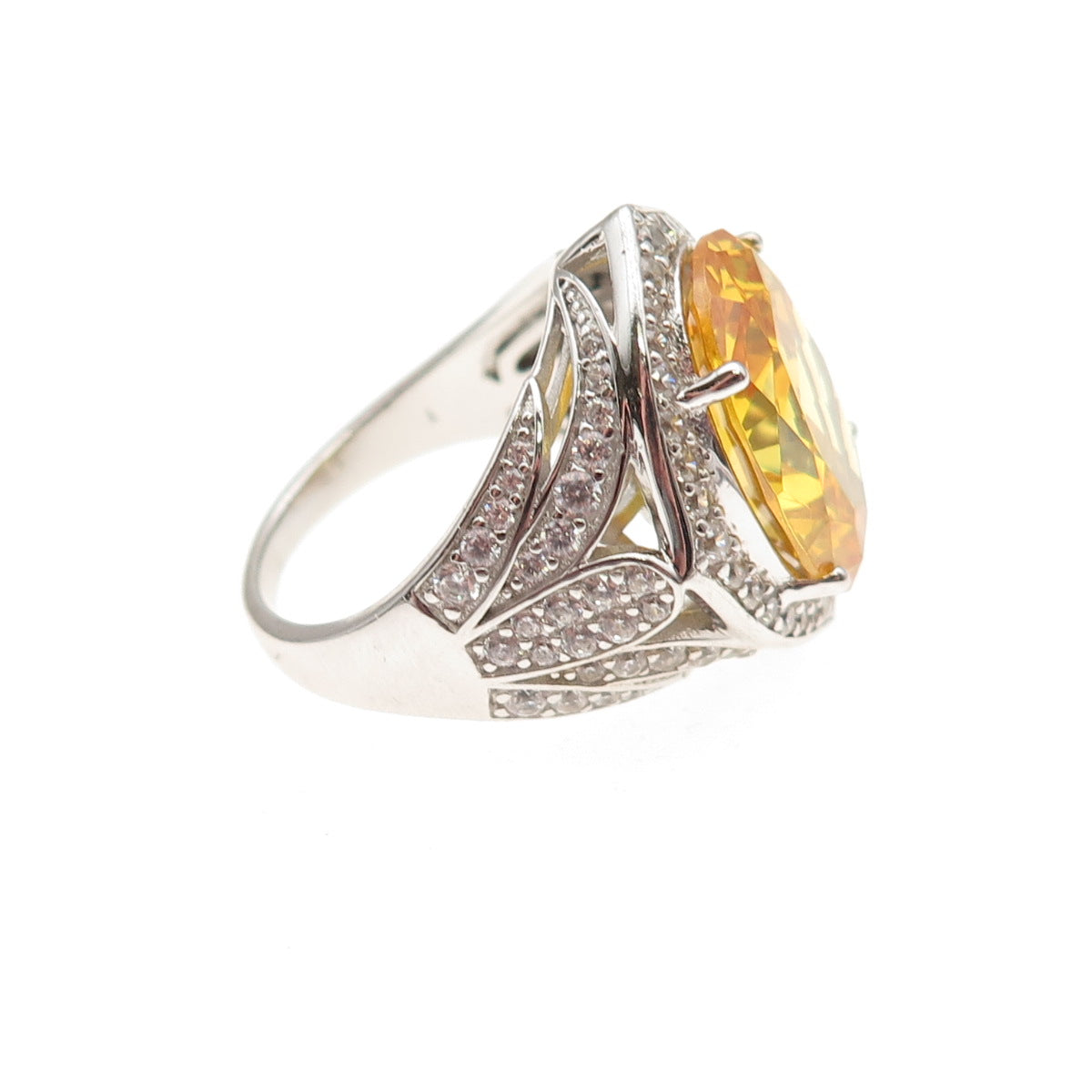 925 Sterling Silver Oval-Cut Canary & Round-Cut White C Z Ring Size 7