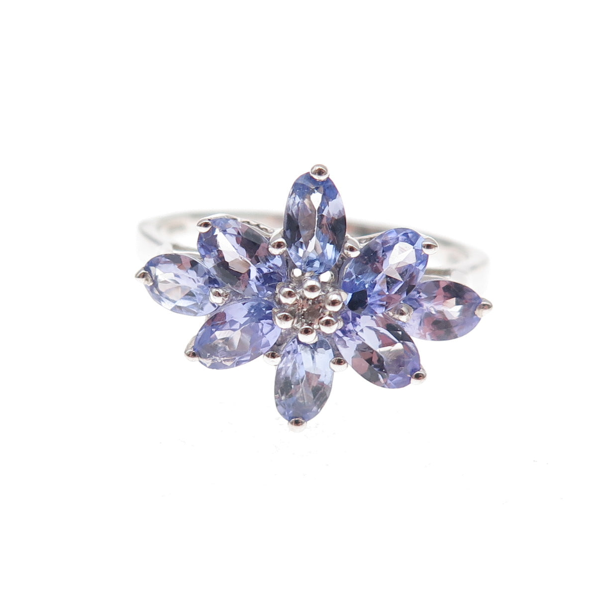 925 Sterling Silver Real Tanzanite & White Topaz Floral Ring Size 8