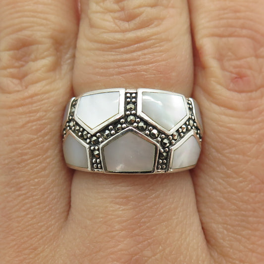 ROSS SIMONS 925 Sterling Silver Vintage Real MOP & Marcasite Gem Ring Size 7.25