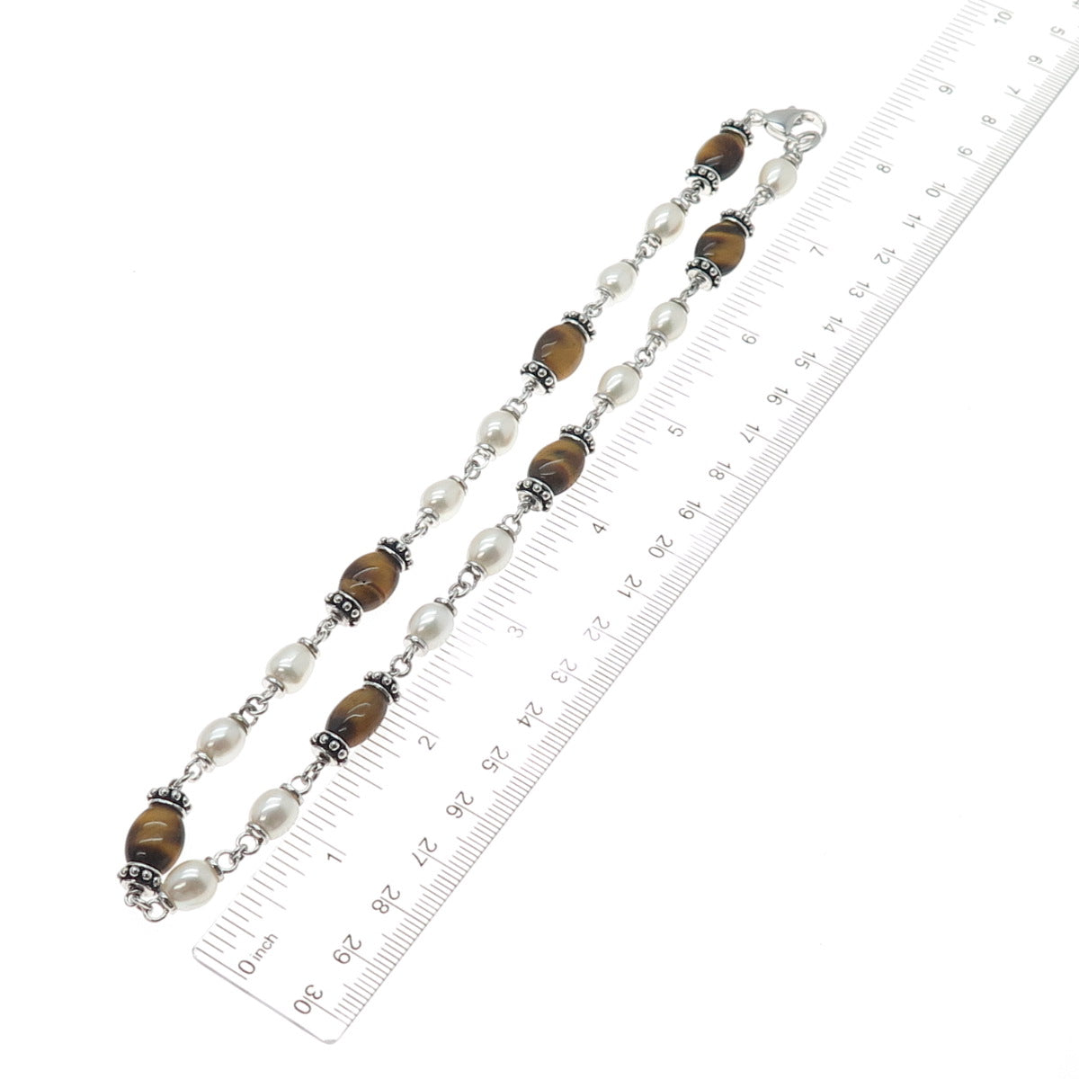 925 Sterling Silver Real Pearl & Tiger Eye Beaded Chain Necklace 16"