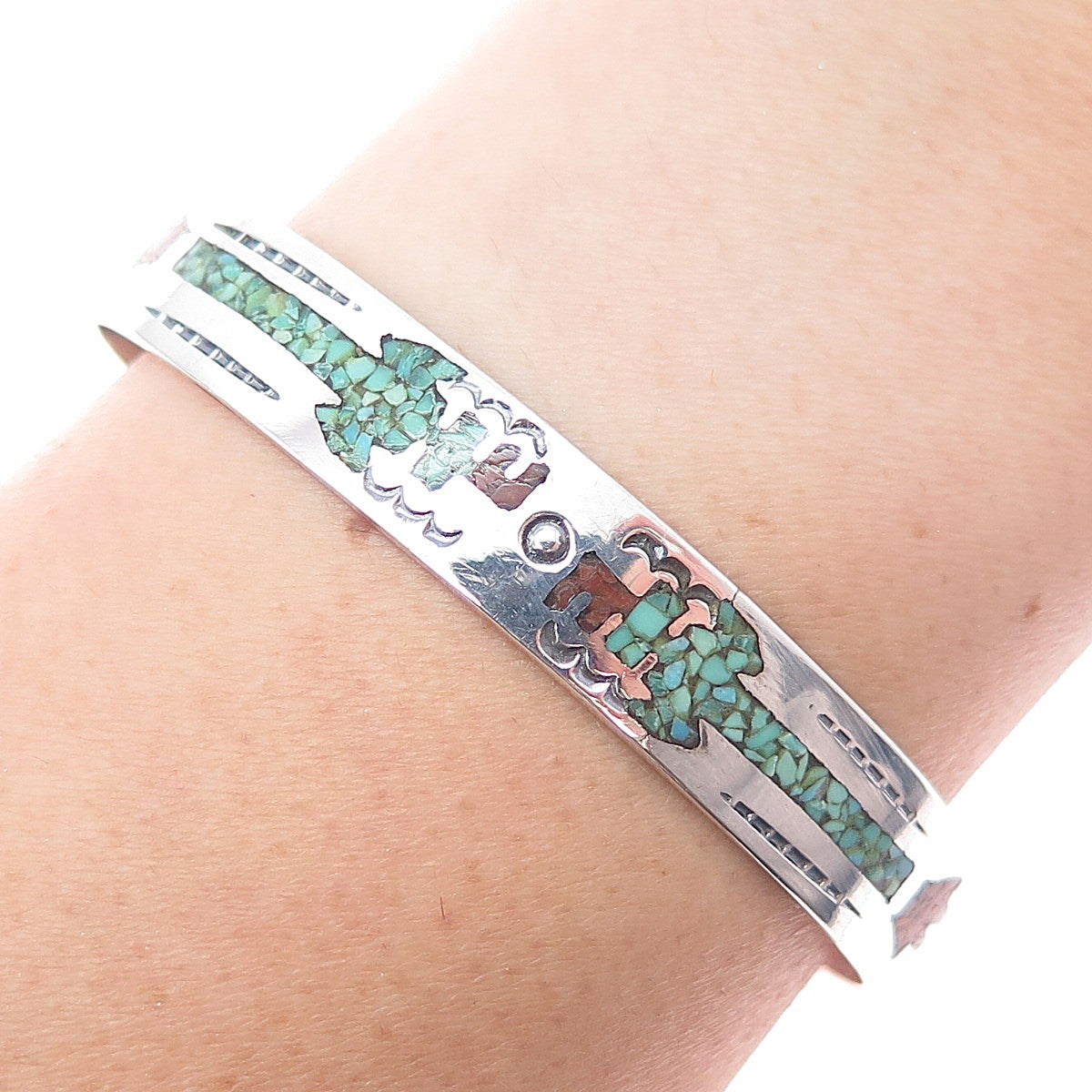 Robert Vandover Navajo Old Pawn 925 Sterling Turquoise Coral Inlay Bracelet 6.5"