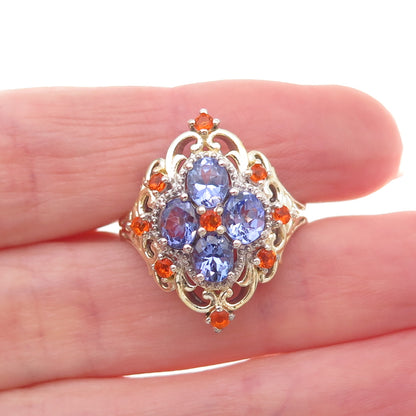 Chuck Clemency 925 Sterling Silver 2-Tone Real Tanzanite & Fire Opal Ring Size 8