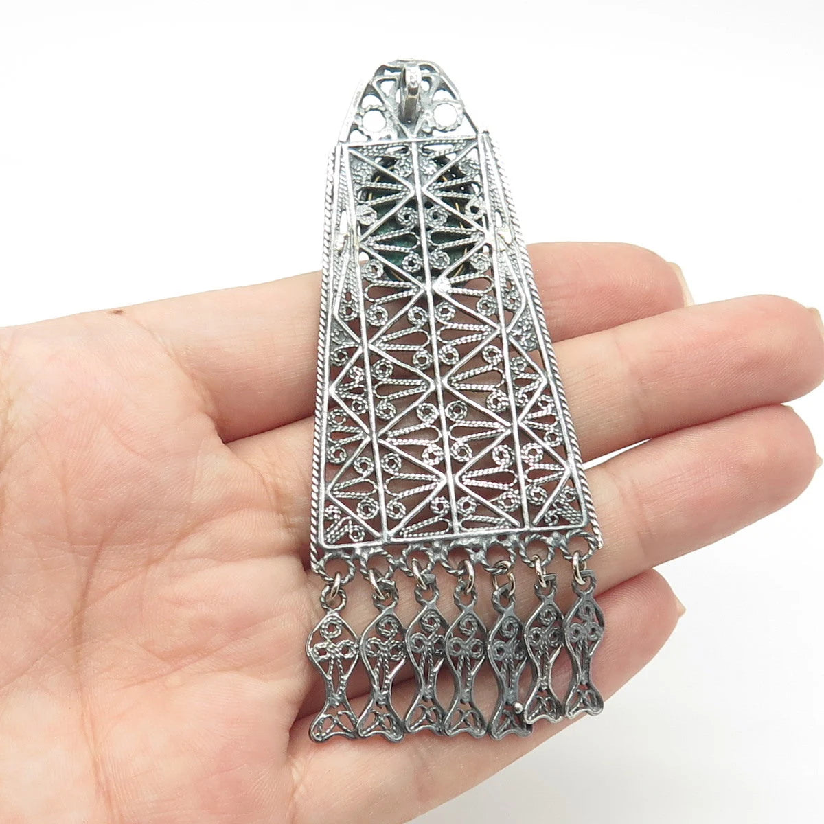 925 Sterling Silver Vintage Real Chrysocolla Gem Filigree Ethnic Slide Pendant