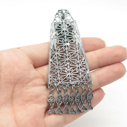 925 Sterling Silver Vintage Real Chrysocolla Gem Filigree Ethnic Slide Pendant
