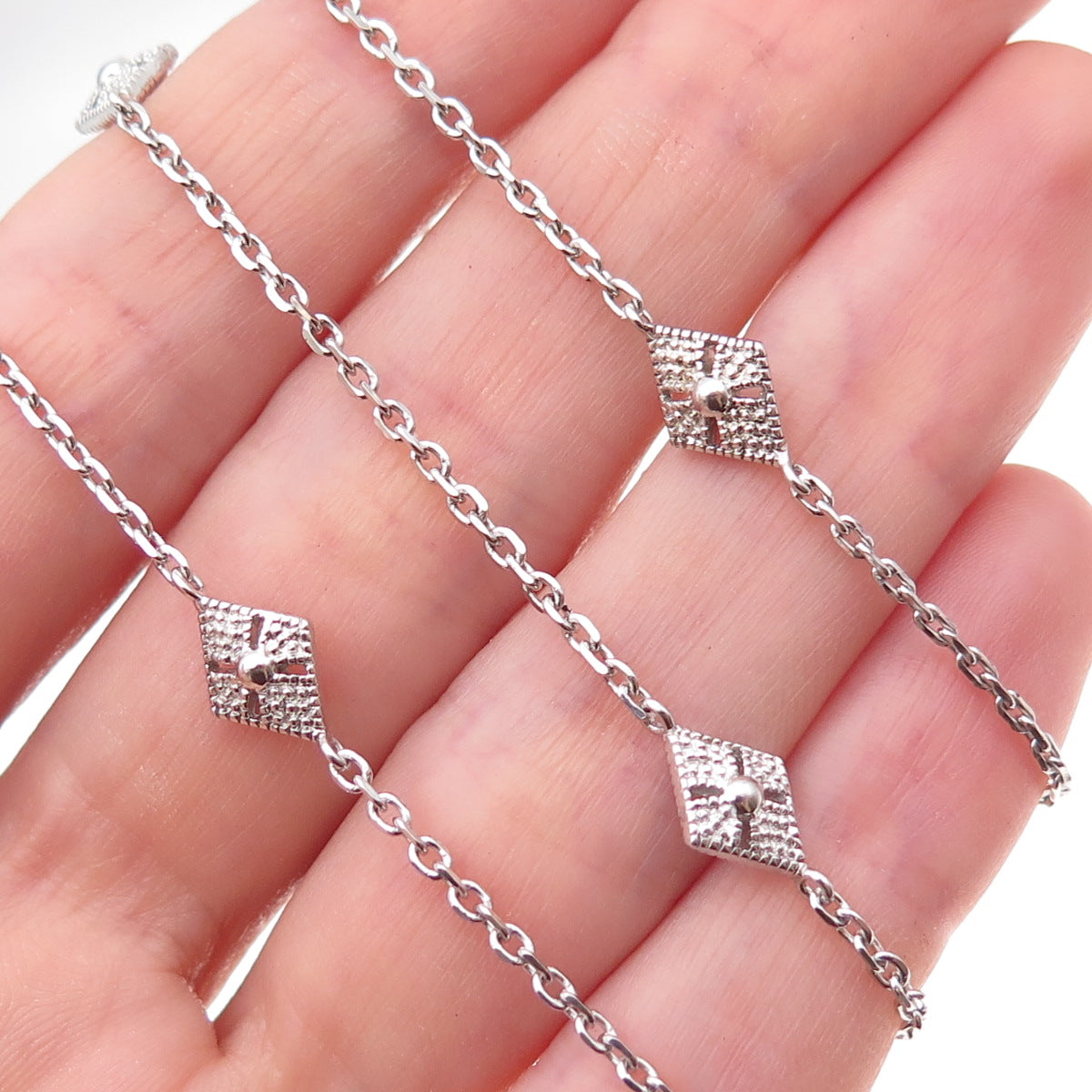 925 Sterling Silver Floral Station By The Yard Cable Chain Necklace 36"