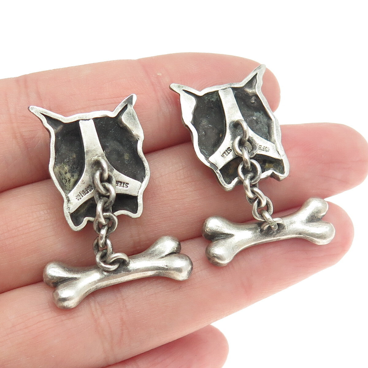 925 Sterling Silver Vintage Real Round-Cut Champagne Diamond Pit Bull Cufflinks