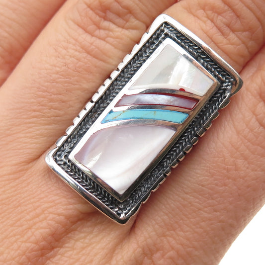 CFJ Collins Fine 925 Sterling Silver Vintage Real Turquoise & MOP Ring Size 7