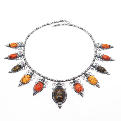 VALERIO V-8 Sterling Silver Vintage Poland Amber Modernist Chain Necklace 16"