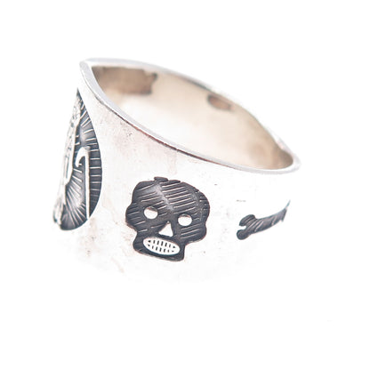925 Sterling Silver Vintage Mexico Santa Muerte Oxidized Ring Size 11.25