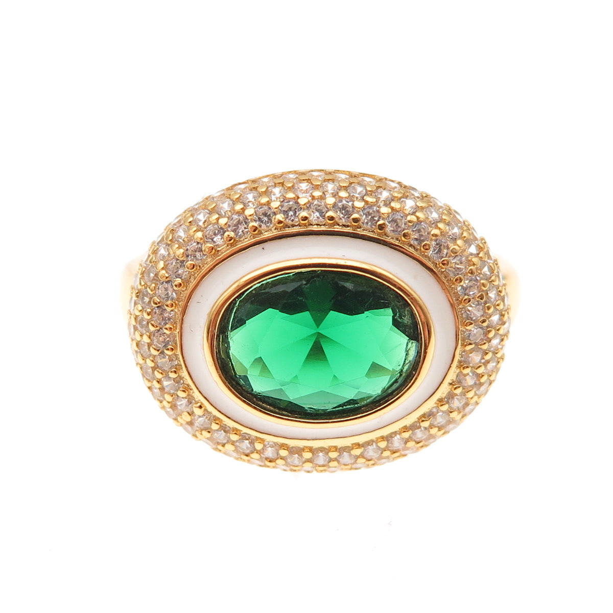 925 Sterling Silver Gold Plated Green & White C Z Ring Size 7