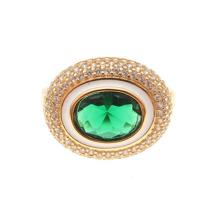 925 Sterling Silver Gold Plated Green & White C Z Ring Size 7
