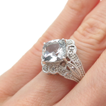 SLV SADYE L VASSIL 925 Sterling Silver Real Diamond & Aquamarine Ring Size 5