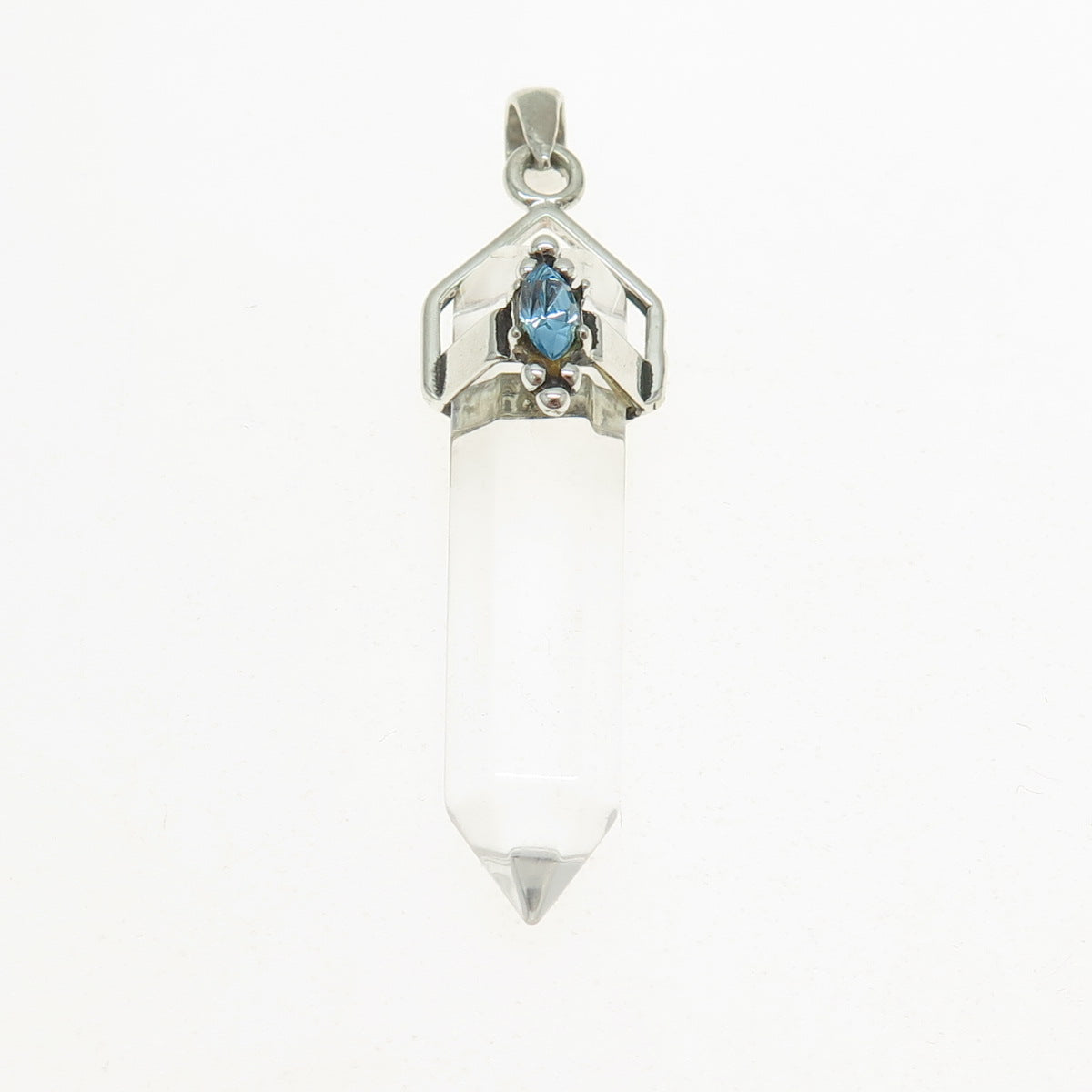 925 Sterling Silver Vintage Clear Glass & Blue Rhinestone Amulet Pendant