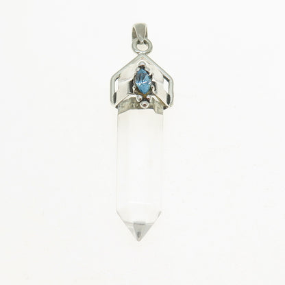 925 Sterling Silver Vintage Clear Glass & Blue Rhinestone Amulet Pendant