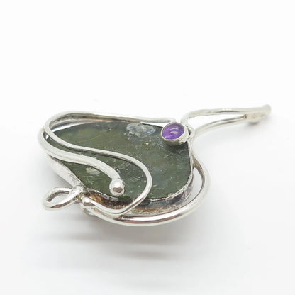 925 Sterling Silver Vintage Real Amethyst & Roman Glass Modernist Pin Pendant