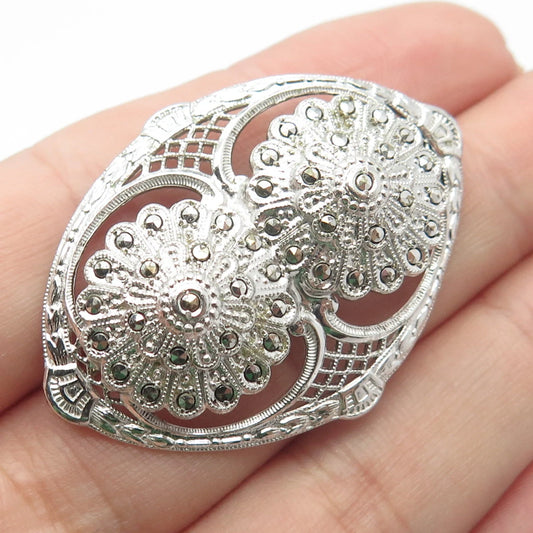 925 Sterling Silver Vintage Real Marcasite Gem Ornate Floral Pin Brooch
