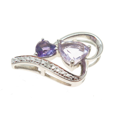 925 Sterling Silver Real Diamond Accent & Amethyst Gem Open Heart Slide Pendant