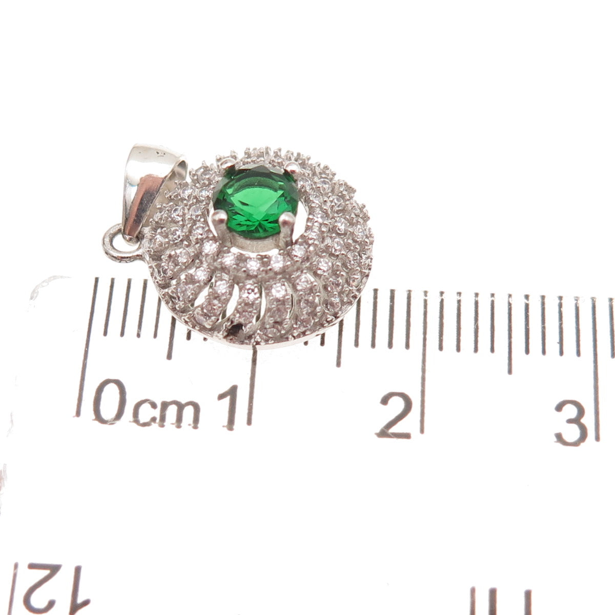925 Sterling Silver Round-Cut Green & White C Z Charm Pendant