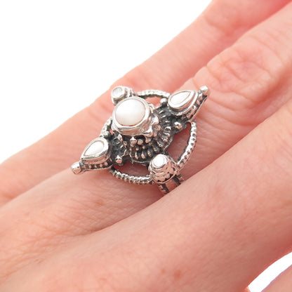 925 Sterling Silver Vintage Real Mother-of-Pearl Oxidized Ring Size 5.5