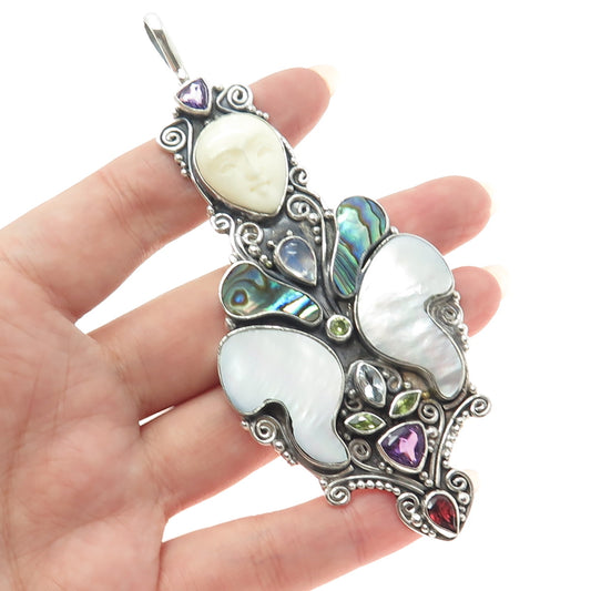 925 Sterling Silver Vintage Real Multi-Gem MOP & Abalone Shell Goddess Pendant