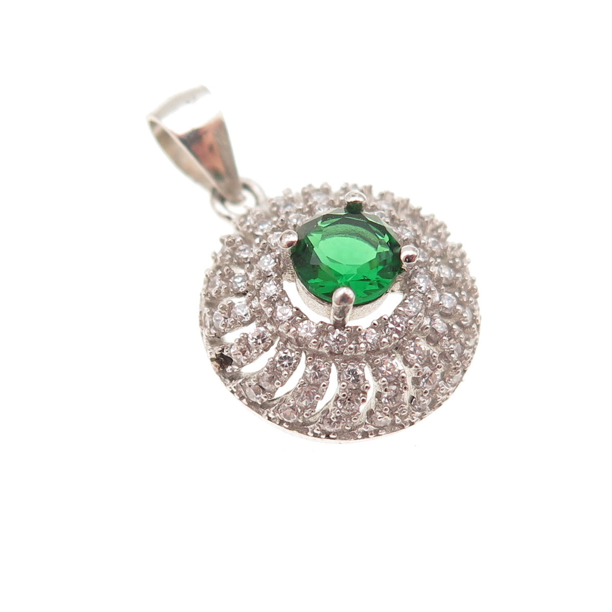 925 Sterling Silver Round-Cut Green & White C Z Charm Pendant