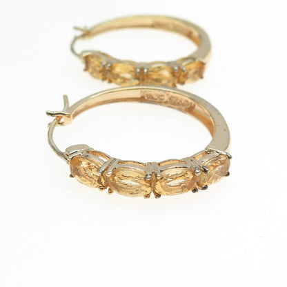 925 Sterling Silver Gold Plated Citrine Gem Hinged Hoop Earrings