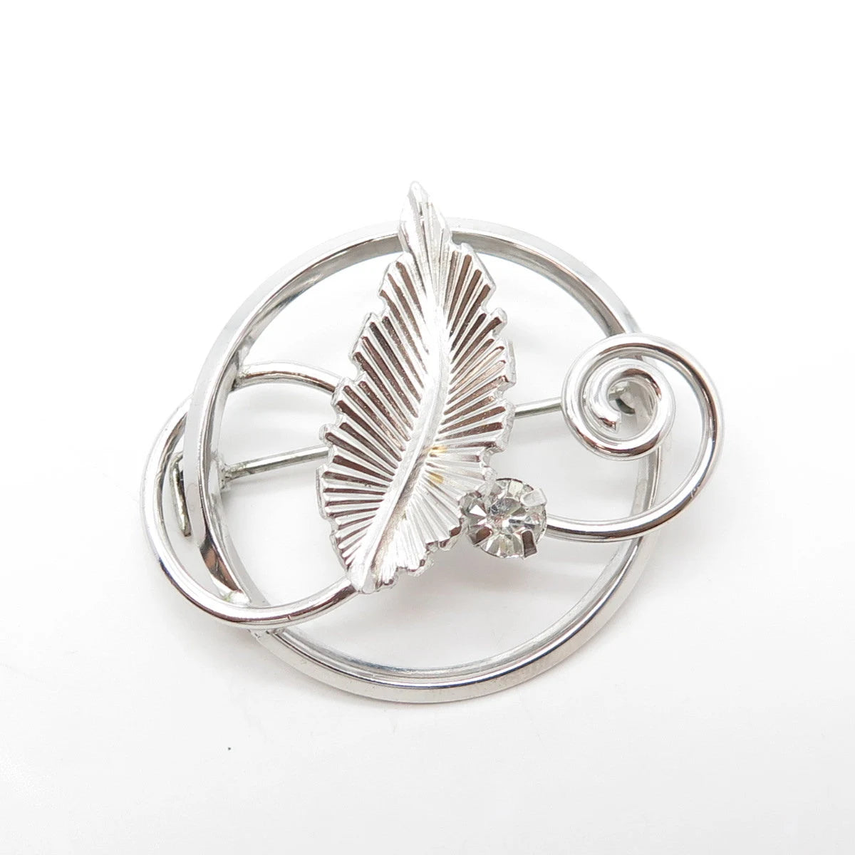 925 Sterling Silver Antique Art Deco Dixell Rhinestone Leaf Pin Brooch