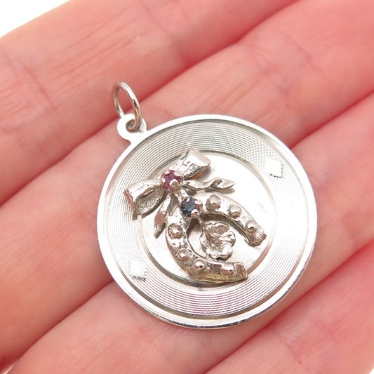 925 Sterling Silver Vintage Multi-Color Rhinestone Lucky Horseshoe Charm Pendant