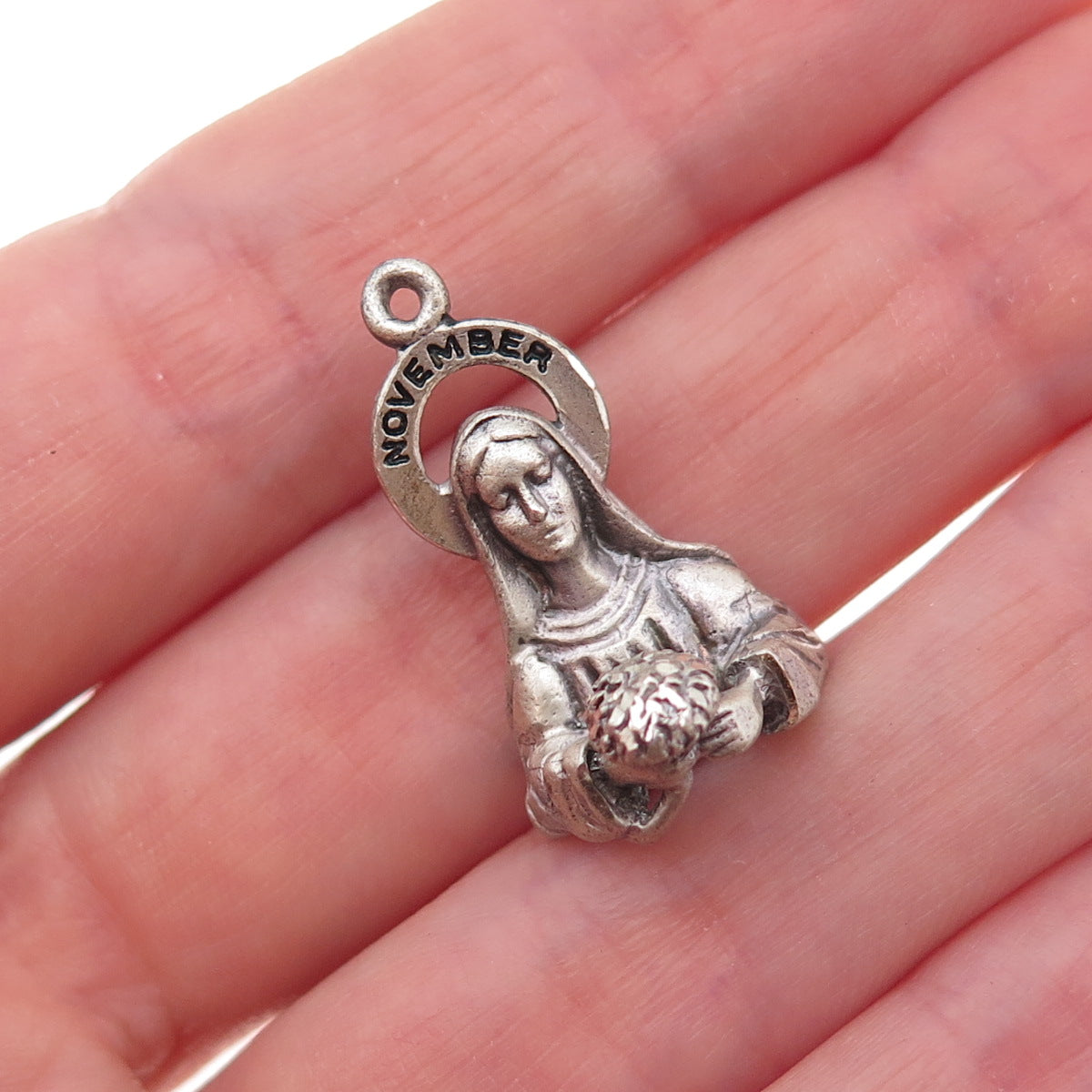 Creed 925 Sterling Silver Vintage St. Mary November Oxidized 3D Charm Pendant