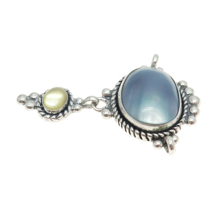 QUOC TURQUOICE 925 Sterling Silver Vintage Mother-of-Pearl & Gray Pearl Pendant