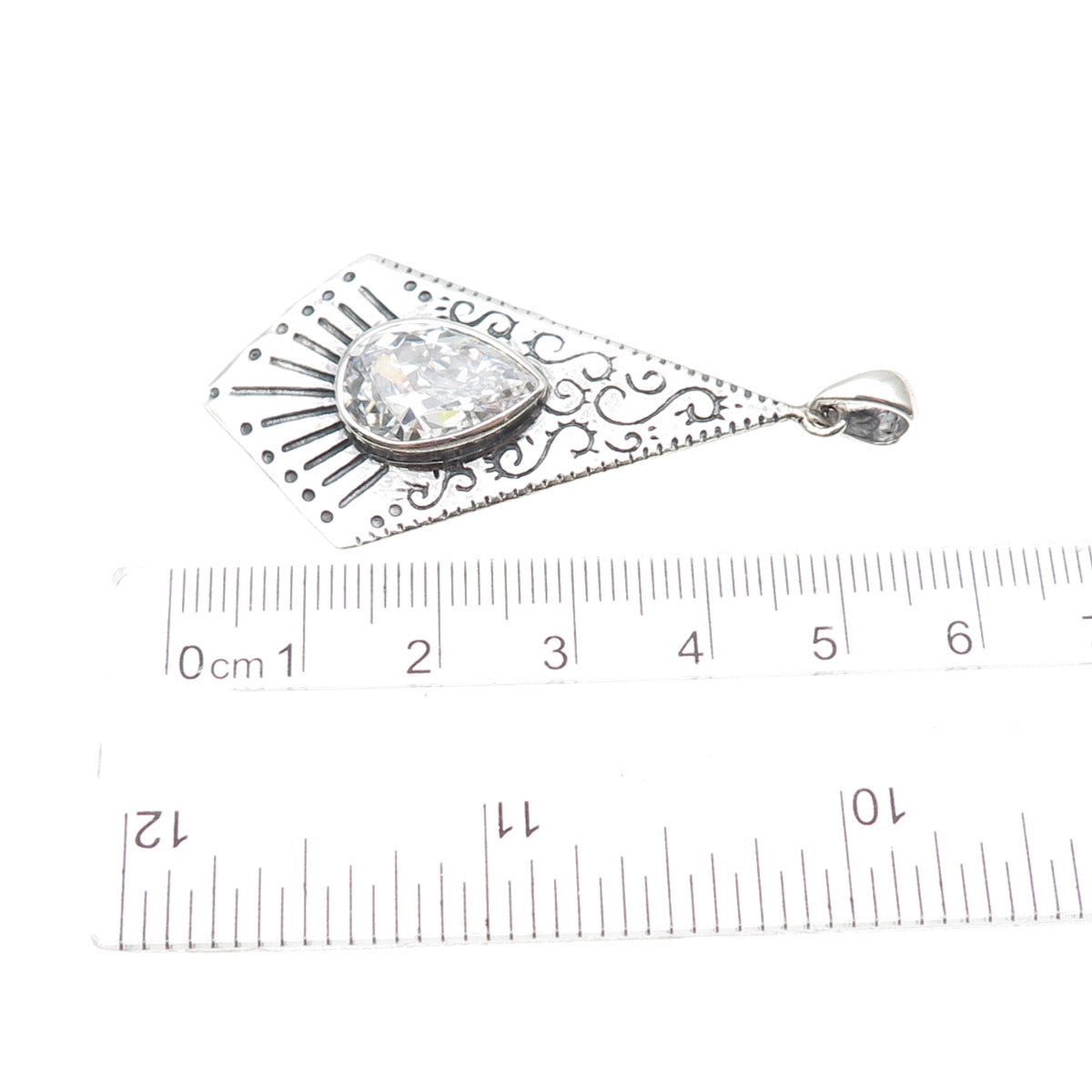 KEN CRAFTS 925 Sterling Silver Vintage Pear-Cut C Z Swirl Oxidized Pendant