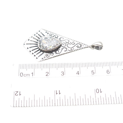 KEN CRAFTS 925 Sterling Silver Vintage Pear-Cut C Z Swirl Oxidized Pendant
