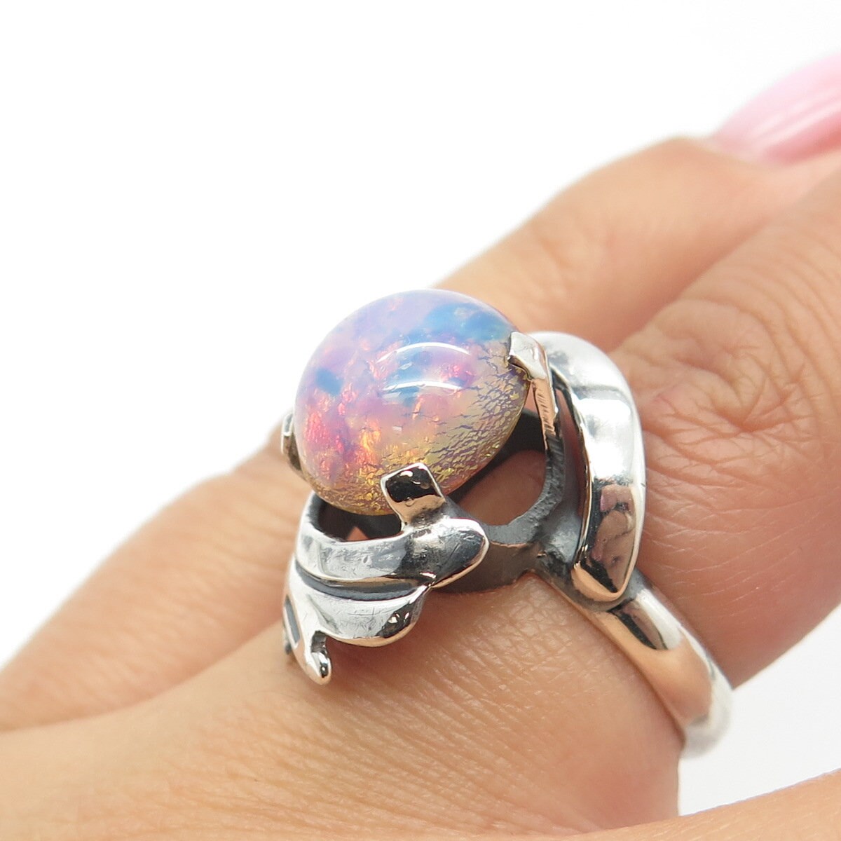 925 Sterling Silver Vintage TAXCO JC Mexico Dragon Foiled Glass Ring Size 5.75