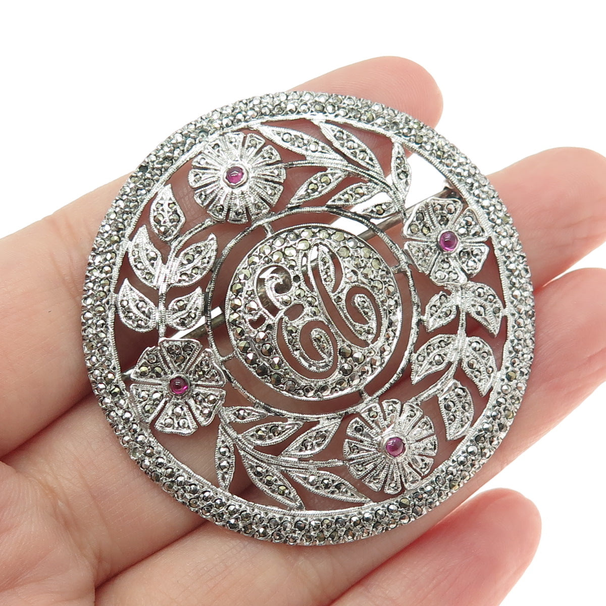 925 Sterling Silver Antique Marcasite & Ruby Gem "EC" Signet Flower Brooch