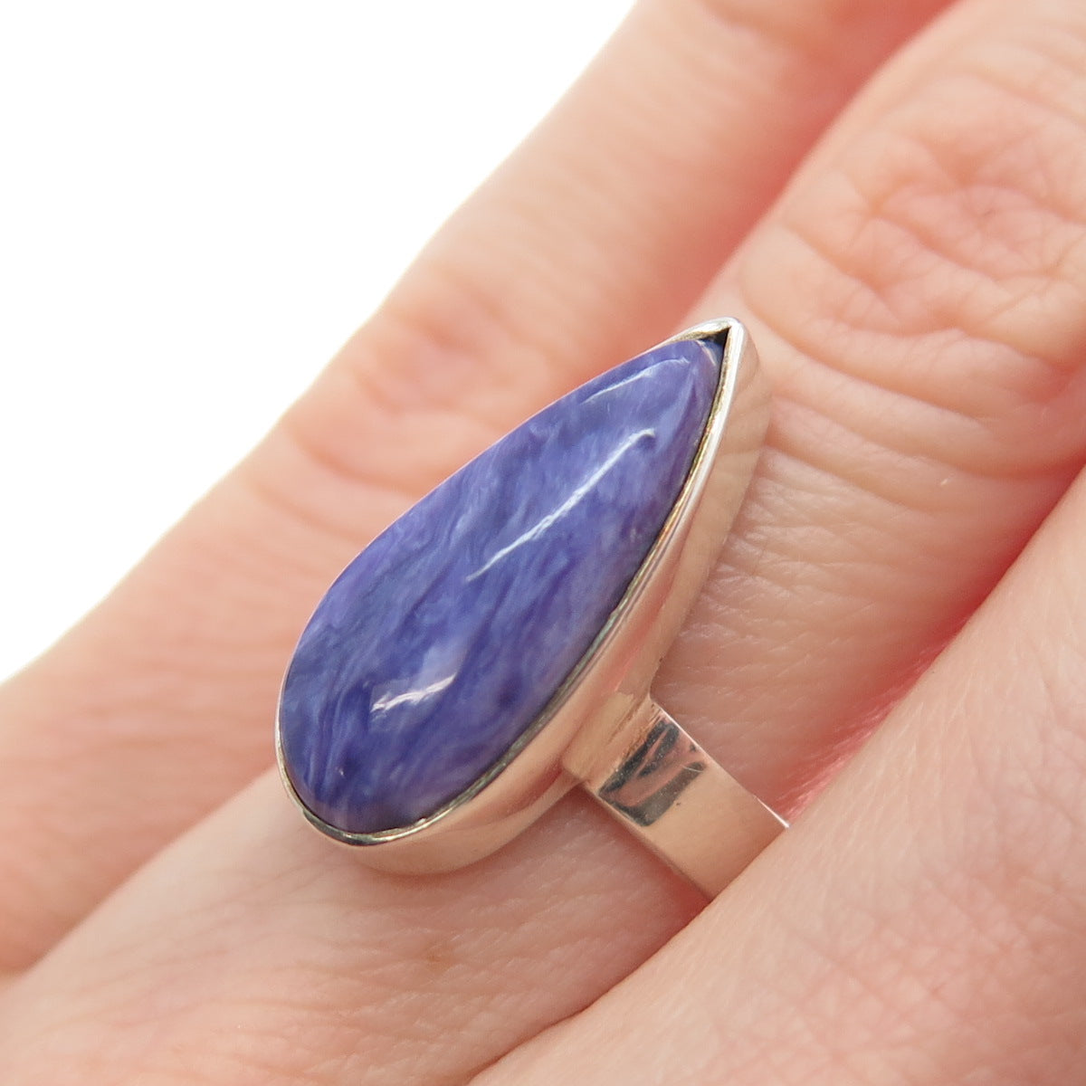 925 Sterling Silver Vintage Real Charoite Gemstone Teardrop Ring Size 6