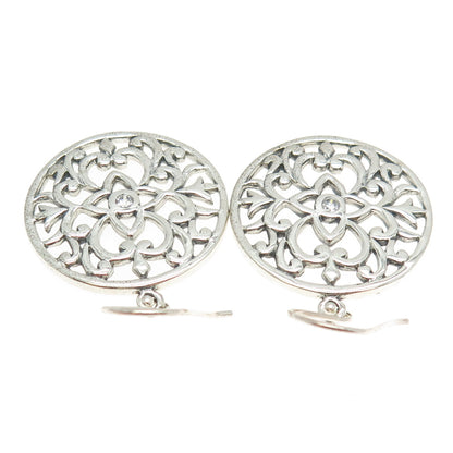 925 Sterling Silver Round-Cut C Z Ornate Floral Round Dangling Earrings