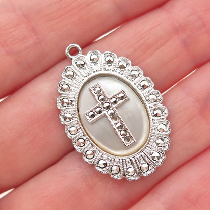Kimler & Daniel Sterling Antique Marcasites MOP Cross Pendant (missing 2 stones)