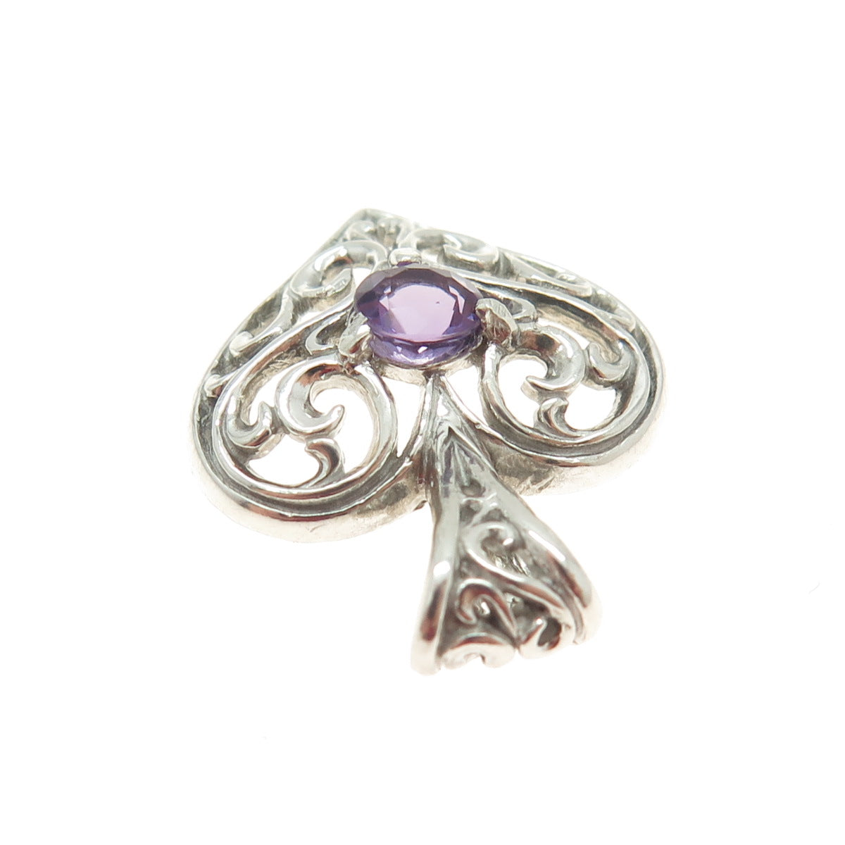 KABANA 925 Sterling Silver Vintage Real Amethyst Gemstone Heart Ornate Pendant
