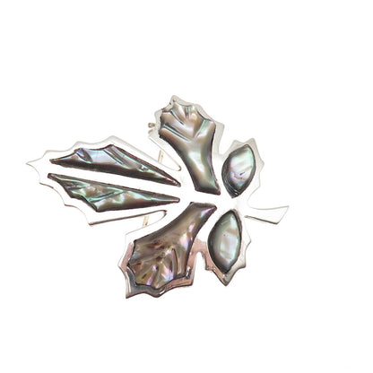 925 Sterling Silver Vintage Mexico Real Abalone Shell Maple Leaf Pin Brooch