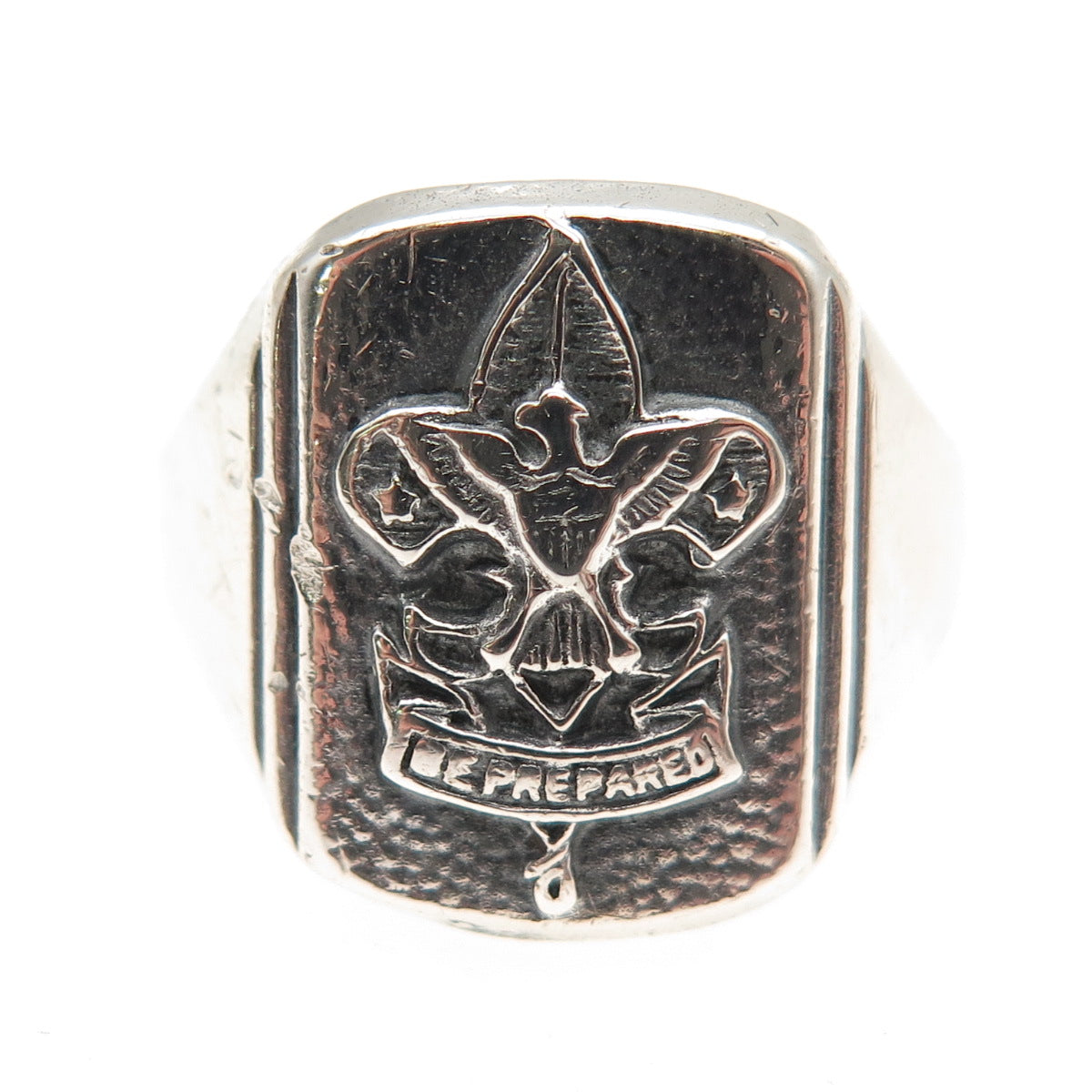 925 Sterling Silver Vintage US Boy Scouts Be Prepared Oxidized Ring Size 7